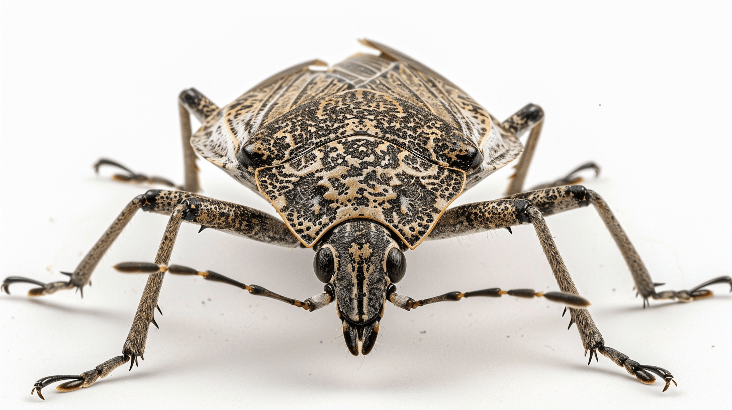 Frontal view of a brown marmorated stink bug isolated on a white background, its mottled brown and tan patterned exoskeleton and antennae highlighted, along with its distinctive shield shape.