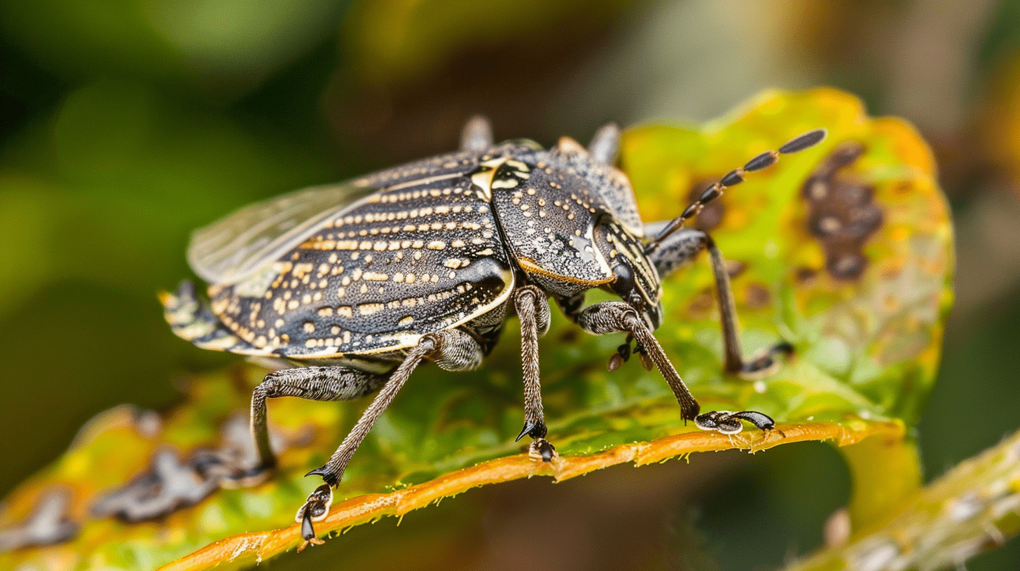 Close-up of a brown marmorated stink bug on a leaf, with a sharp focus on its intricate black and beige patterned back, antennae, and legs, emphasizing the pest's unique texture and form.