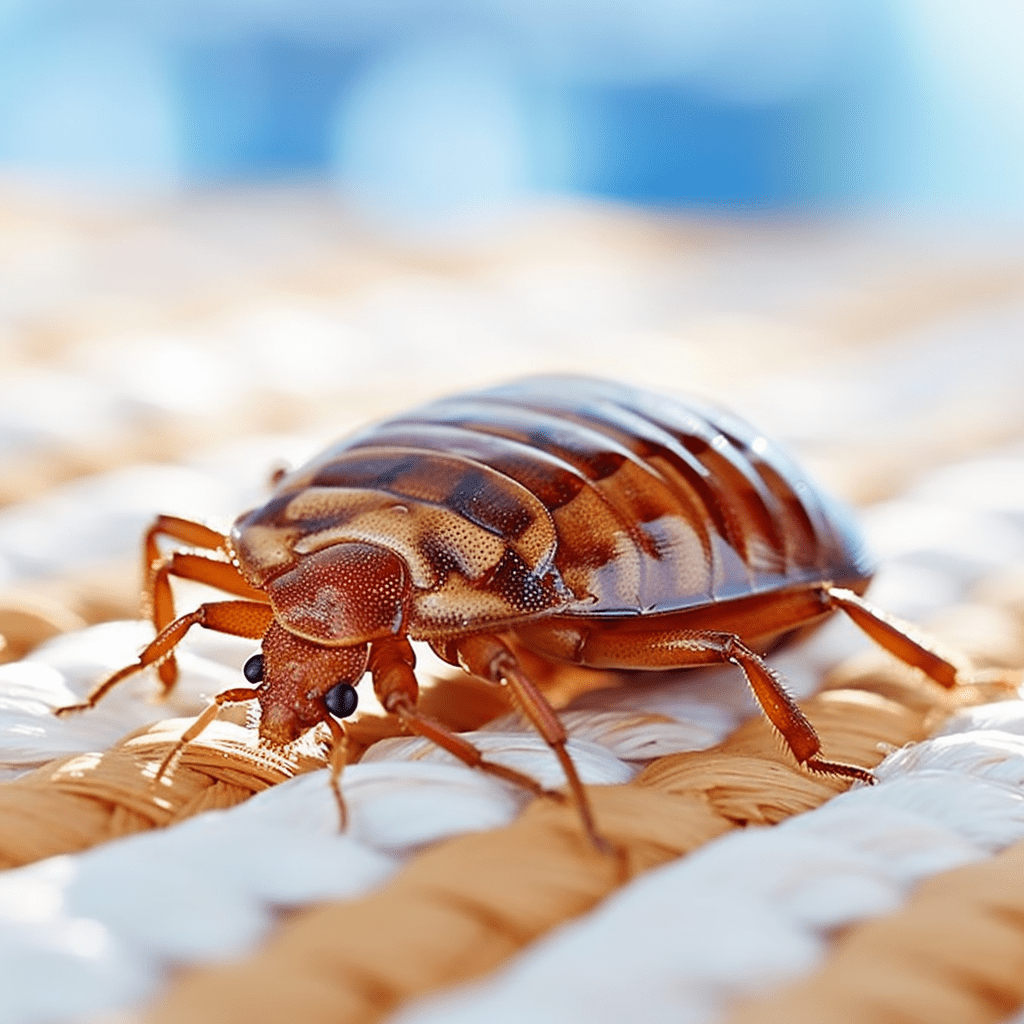 Close-up of a bed bug on a woven fabric, showcasing the pest's distinct features, highlighting the need for waves pest control's specialized bed bug treatment in southwest florida.
