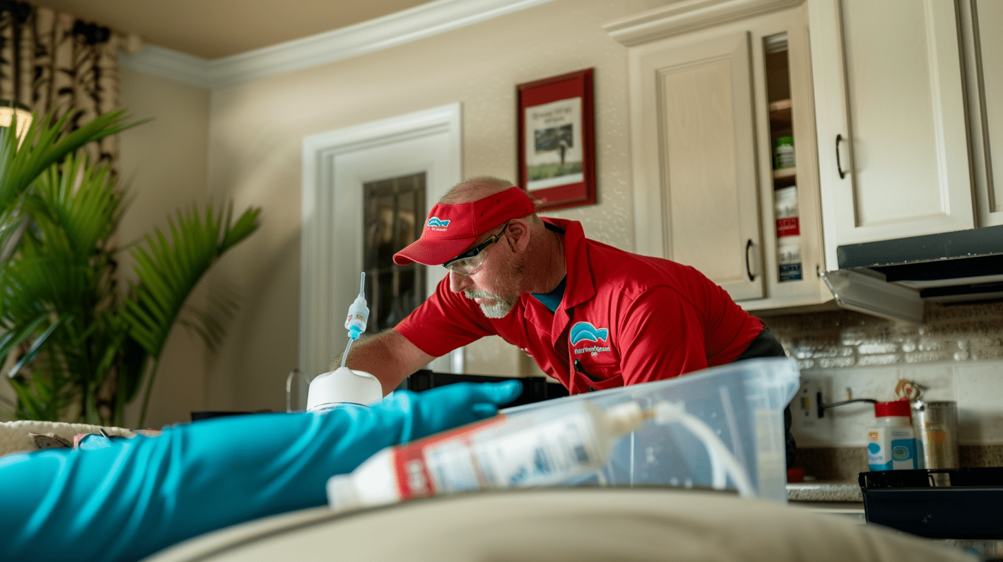 A diligent technician from waves pest control, dressed in a red uniform, is attentively applying a bed bug treatment chemical to a bed, showcasing precise bed bug treatment efforts within a comfortable living room environment in southwest florida.