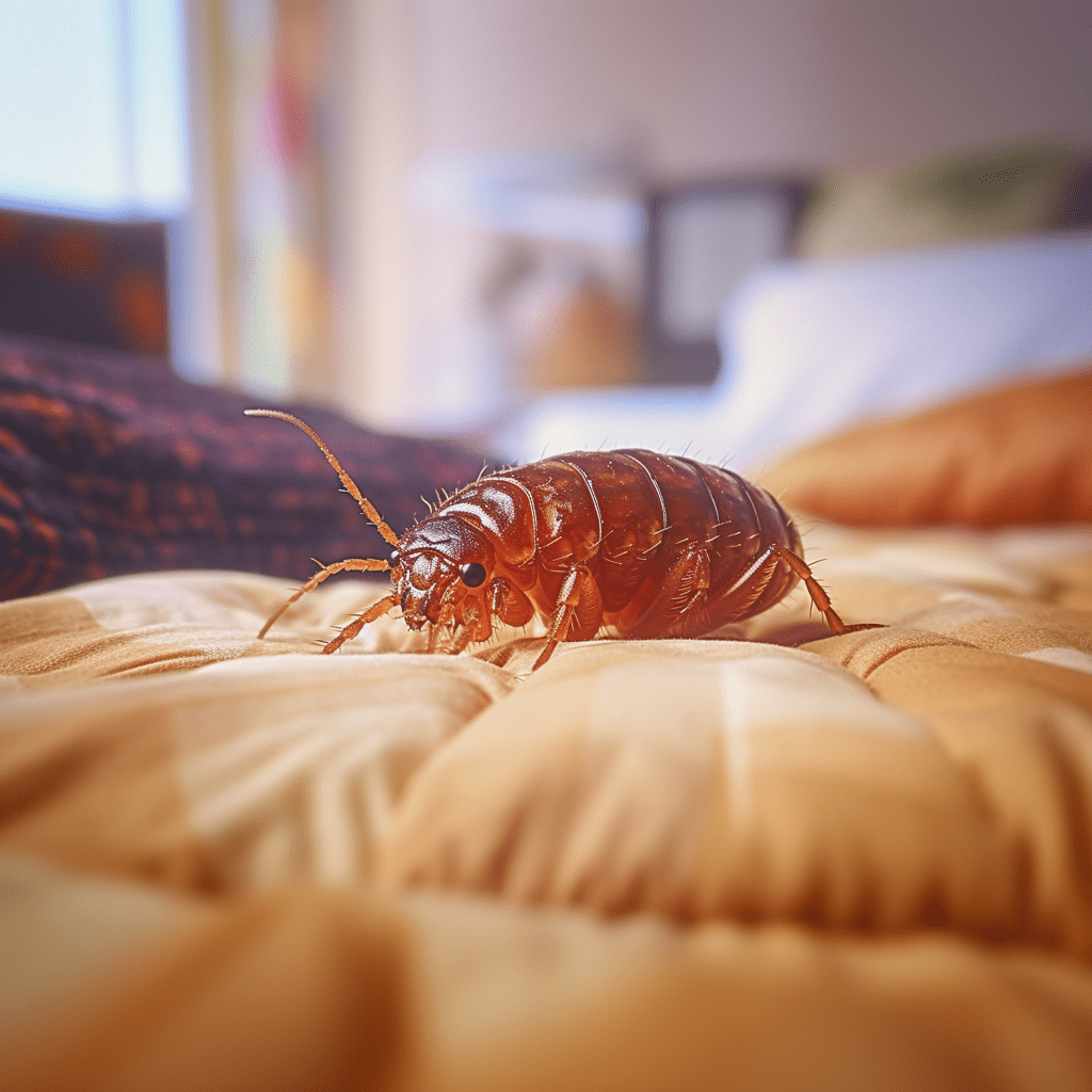 Macro shot of a bed bug on a striped fabric surface, symbolizing the bed bug challenges faced by residents of sarasota, fl, and the effective solutions provided by waves pest control.