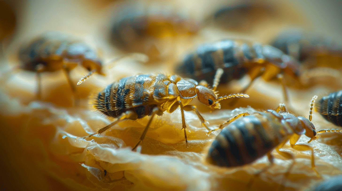 Close-up view of multiple bed bugs navigating over a textured surface, showcasing their reddish-brown, oval-shaped bodies with fine hairs, and distinct antennae.