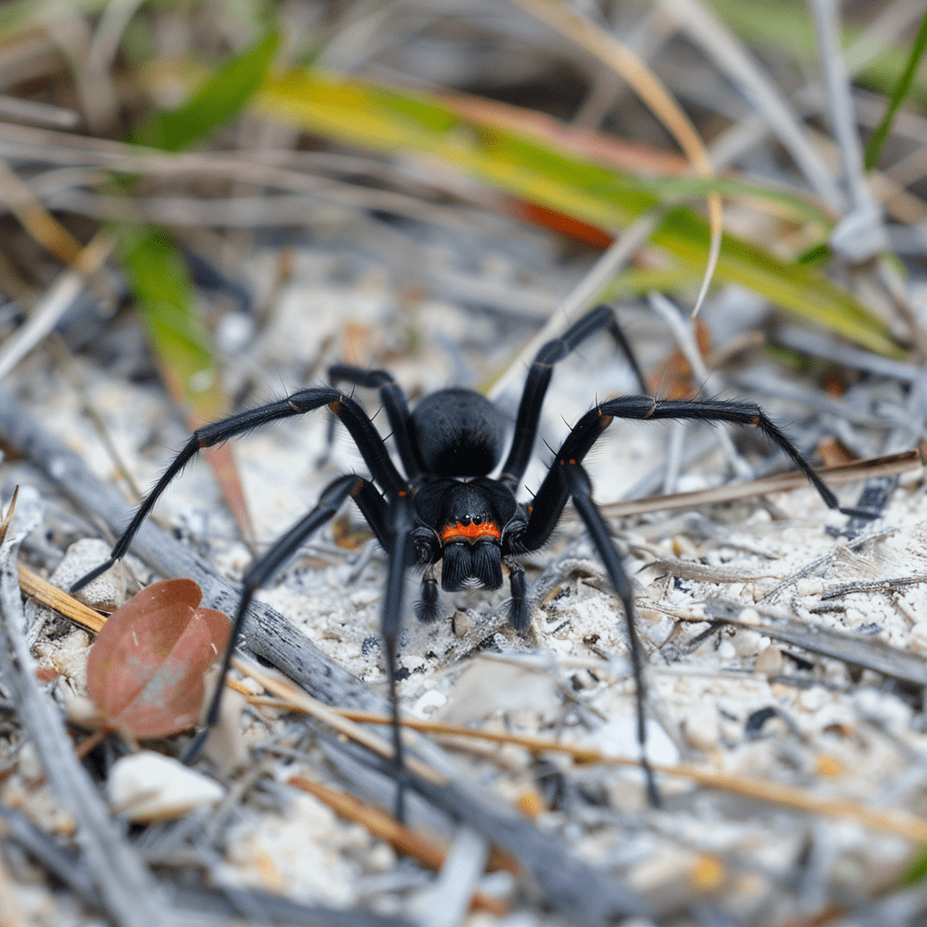 A black widow spider camouflaged among dead leaves and twigs on sandy soil, a common sight in charlotte county environments.