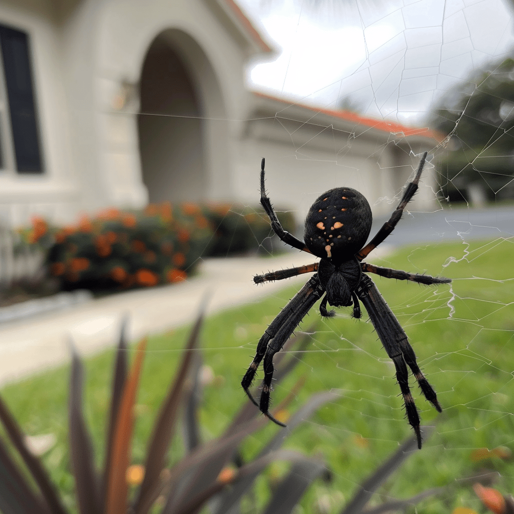 A black widow spider at the center of its web with a blurred residential home in the background, illustrating common black widow habitats in sarasota county, fl.