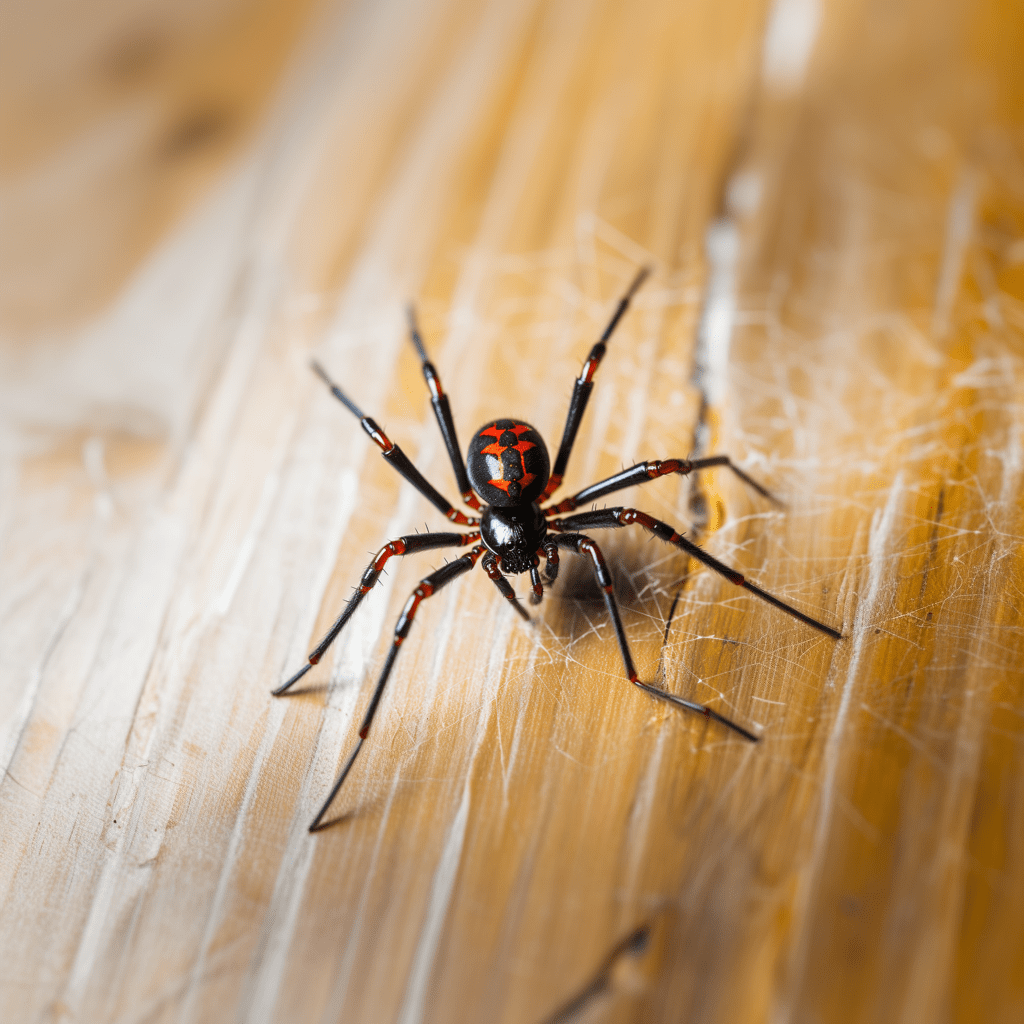 A stark image of a black widow spider against a wooden background, symbolizing the pest control challenges in florida, provided by waves pest control.