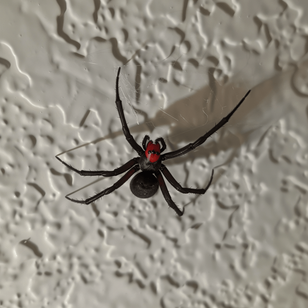 Black widow spider viewed from above, poised on a textured ceiling surface, highlighted for sarasota county residents by waves pest control.