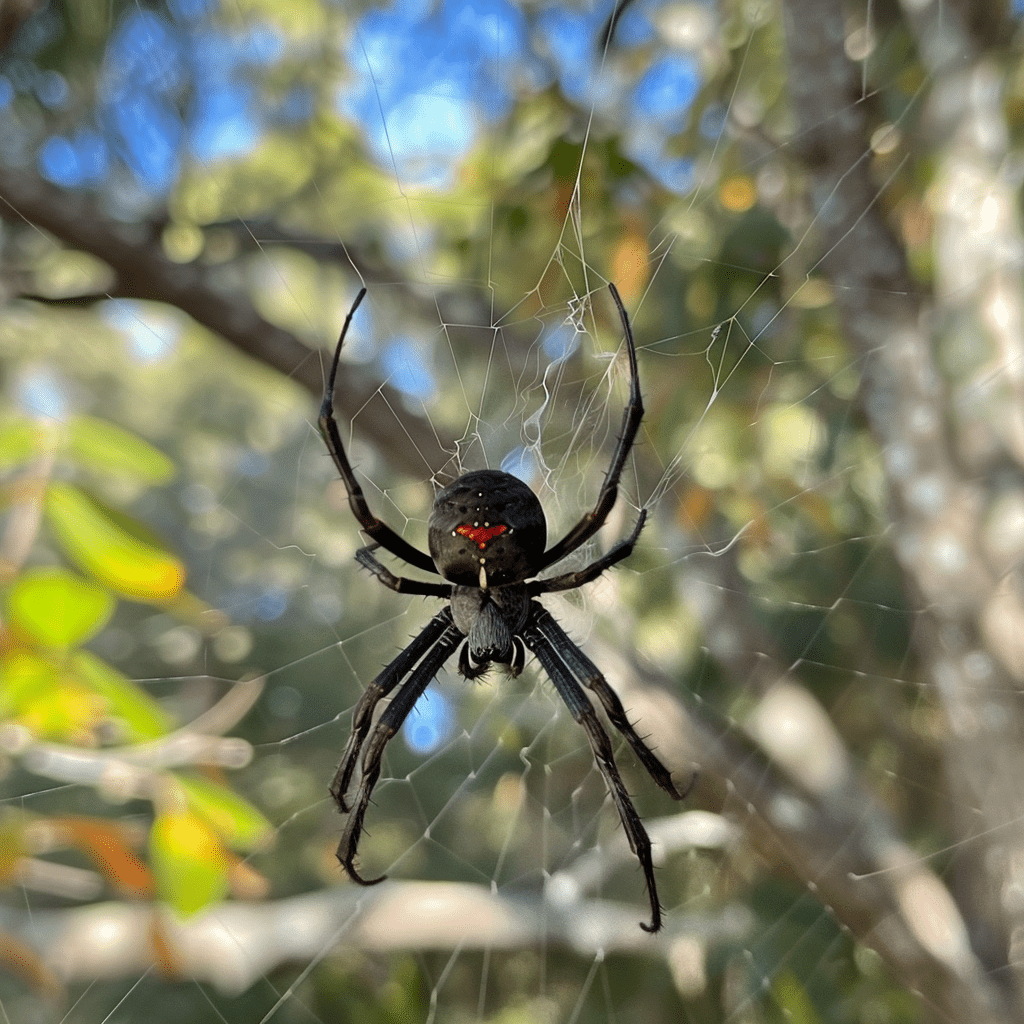 Close-up of a black widow spider suspended in its web against a blurred green background, showcasing the distinctive red hourglass marking, for an article on black widow infestations by waves pest control.