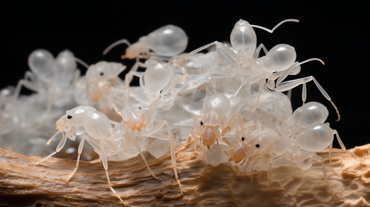 Detailed view of translucent ghost ants native to sarasota, florida, navigating a watery terrain, set against a deep black background.