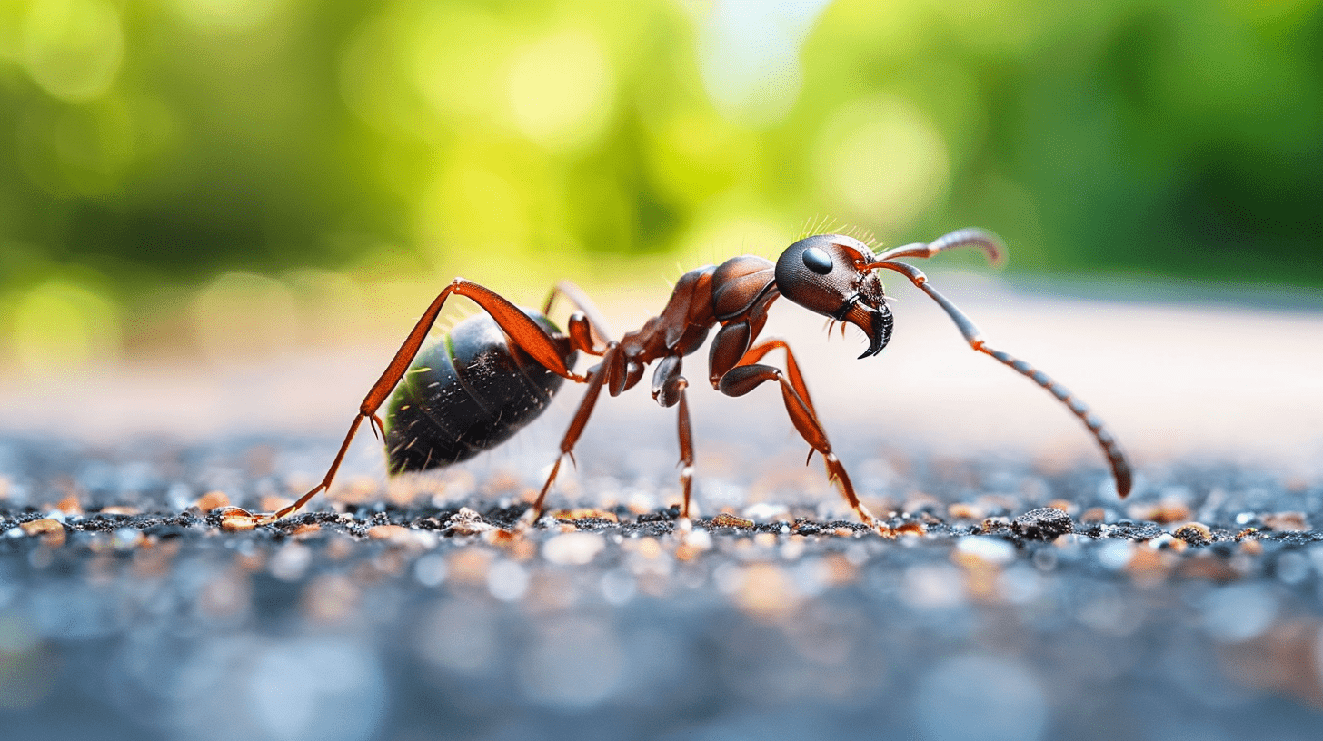 Close-up of a red ant on a textured surface, showcasing its detailed anatomy and vibrant colors, with a softly blurred green background, relevant for southwest florida pest control services.