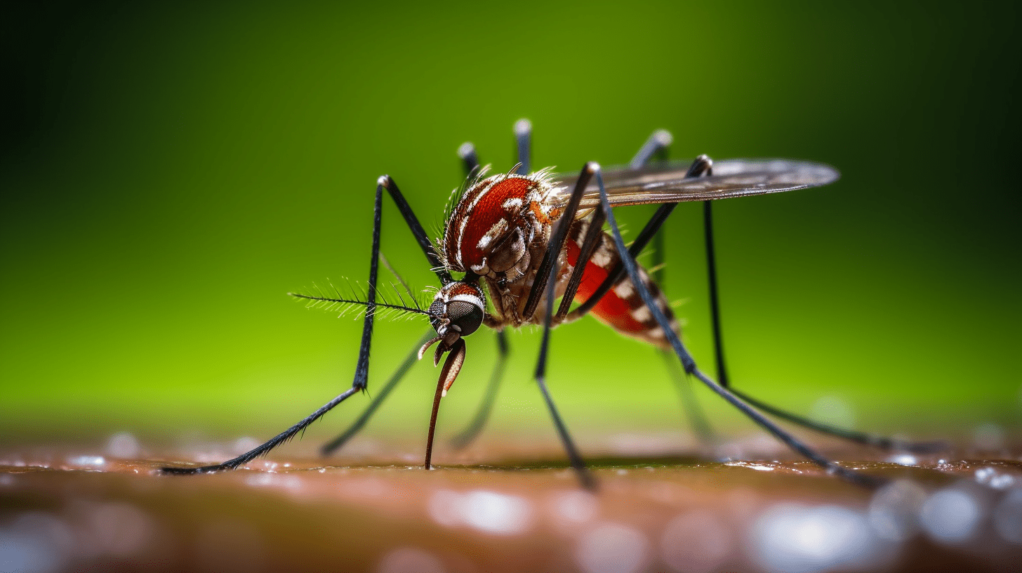 Extreme close-up of a tiger mosquito resting on skin, with palm leaves and a clear blue sky in the background, a species that is prevalent and often targeted in pest control efforts in tropical regions.