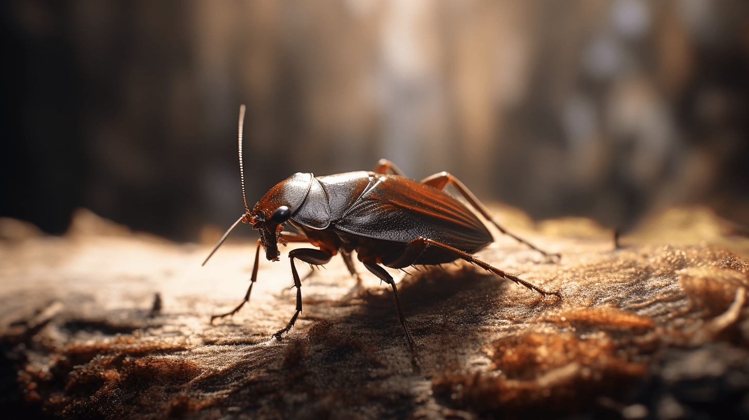 A smoky brown cockroach on a rugged wooden surface, captured in a warm light, a common pest in southwest florida homes, highlighting the need for professional pest control services.