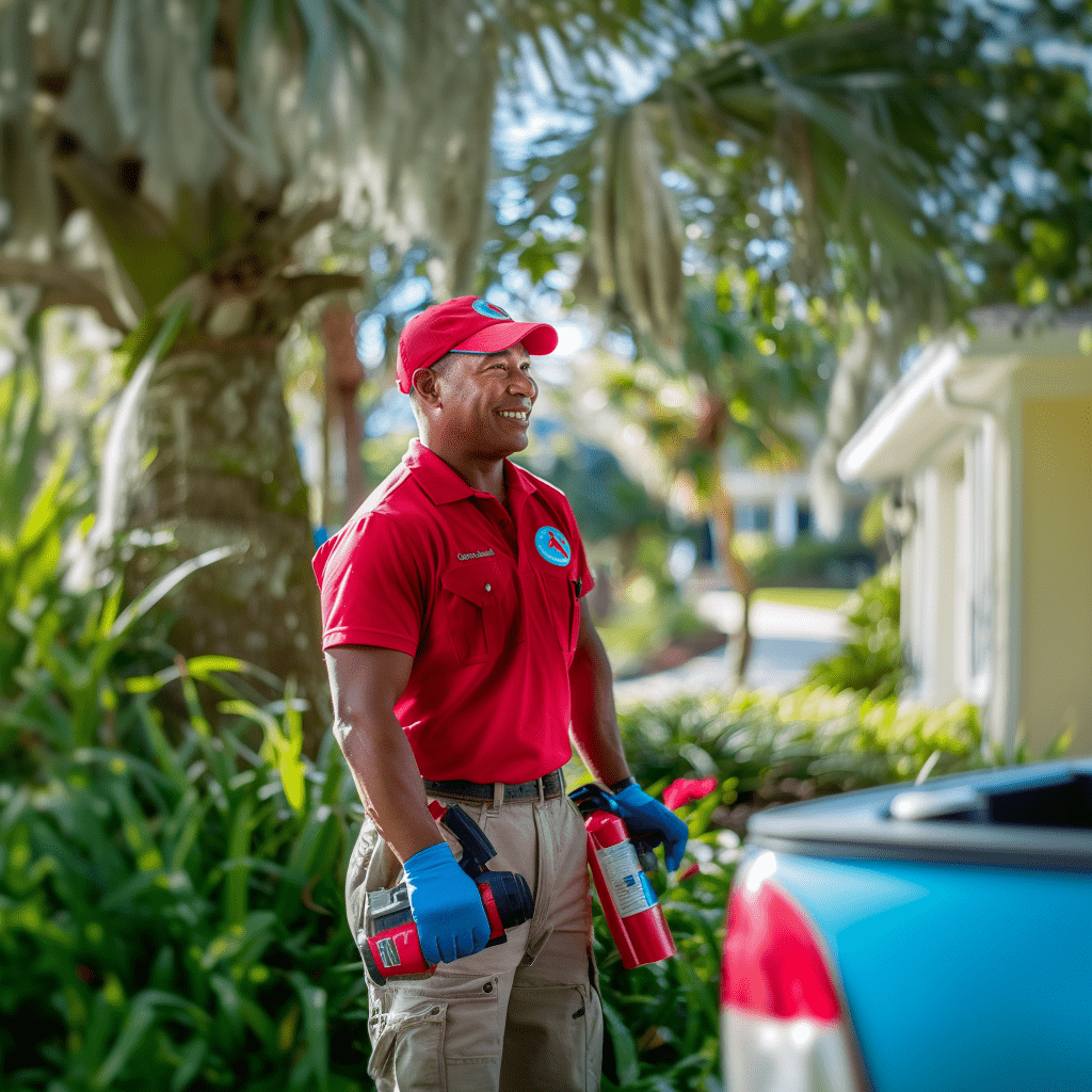 Smiling professional pest controller from waves pest control in charlotte county, florida, ready with equipment against a tropical backdrop.