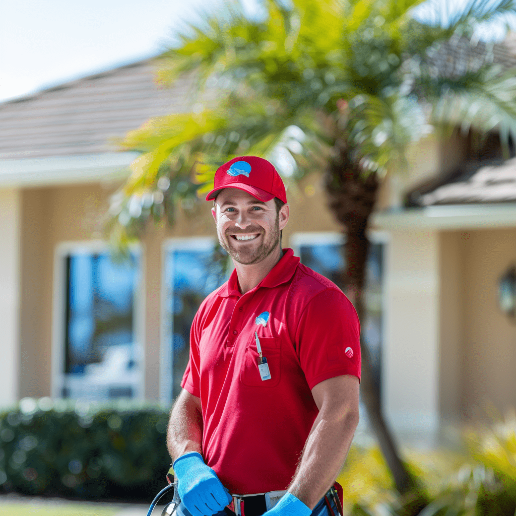 A waves pest control technician in sarasota county, fl, stands smiling in a red uniform with a cap featuring the company's wave logo, ready for mosquito control in sarasota county, fl, service, with a blurred background of a residential area and palm trees.