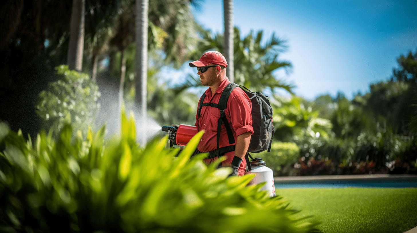 Waves pest control service in action with a focused technician in red attire operating a mosquito control fogger in a verdant southwest florida, fl, landscape.