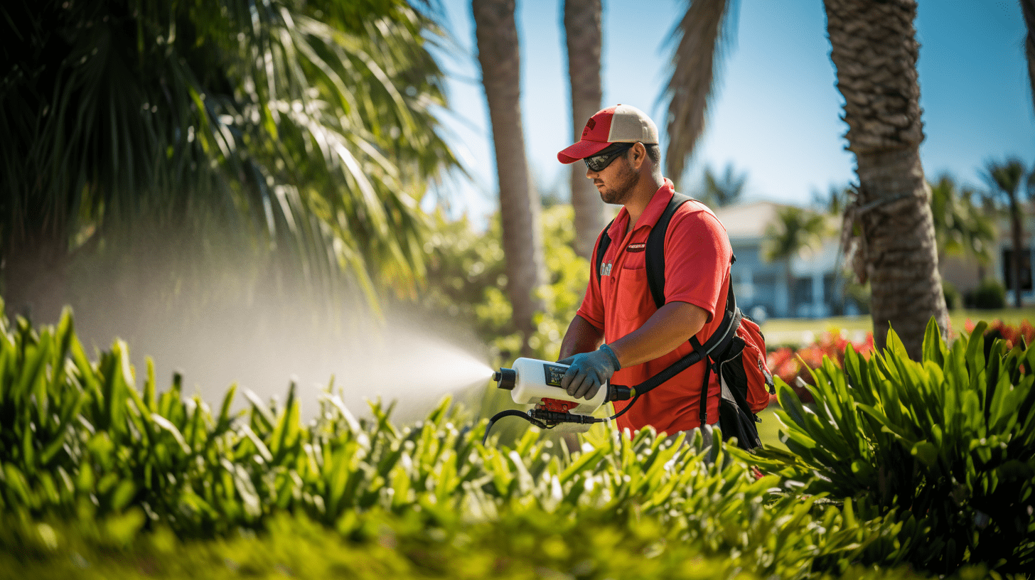 A male technician from waves pest control in a red uniform is professionally applying mosquito control in southwest, fl, amidst lush greenery and palm trees.
