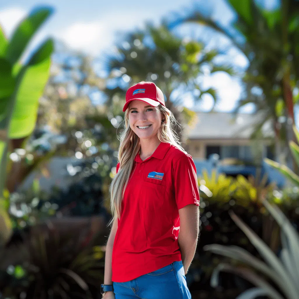 A waves pest control technician, easily identifiable in a red uniform, engages with a satisfied customer amid the green surroundings of a southwest florida residence, reflecting their commitment to 5-star customer service in pest control.