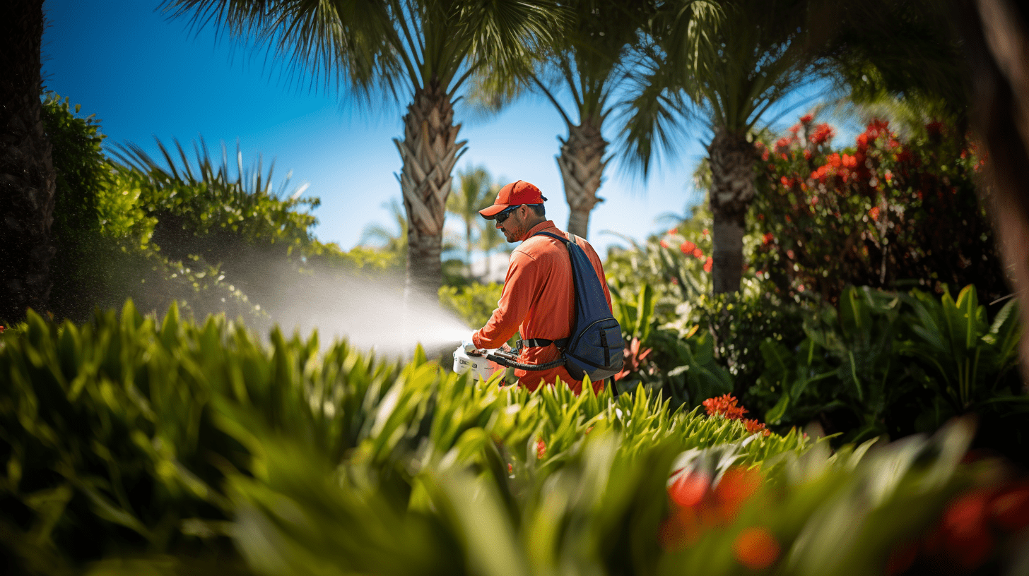 Pest control expert from waves pest control actively spraying in a vibrant southwest florida garden, demonstrating professional insect management.