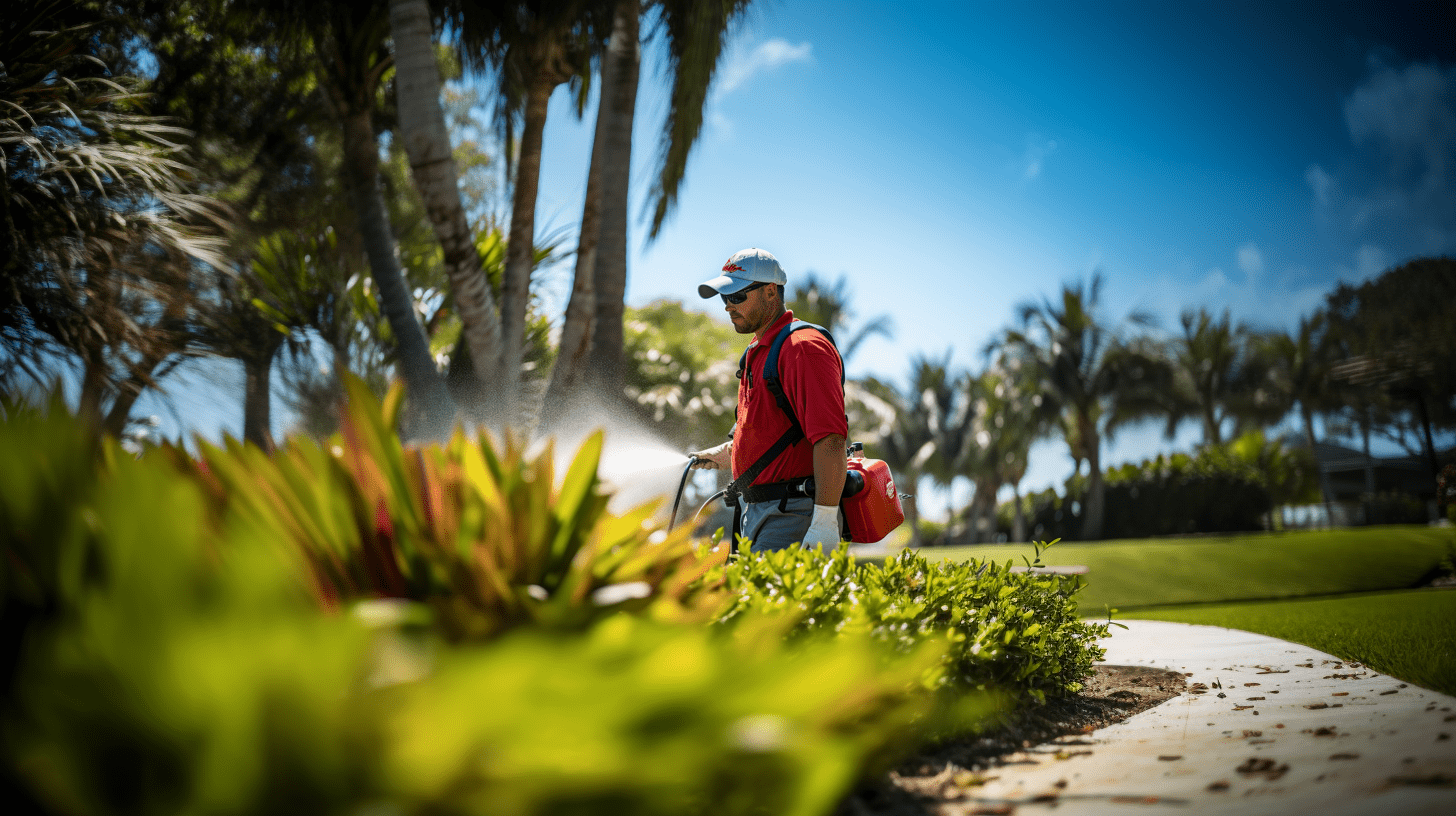 Dedicated pest control professional in red treating plants with insecticide in a lush southwest florida landscape, part of waves pest control's services.