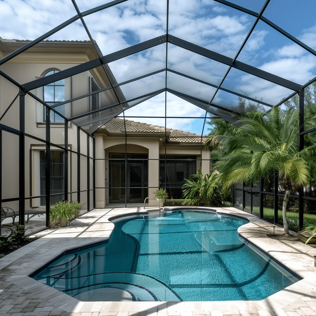 Showcase of waves pest control's pool cage restoration service in southwest florida with a sparkling blue pool enclosed by a like-new screen against a backdrop of lush landscaping and clear skies.
