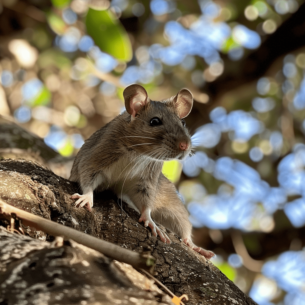 Close view of a cautious roof rat on a tree limb, with a soft bokeh background. Get rid of rodents in florida with waves pest control.