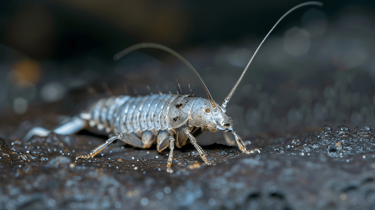 A florida silverfish in sharp focus against a blurred dark background, with water droplets visible on the surface, highlighting the moisture-rich environments these insects thrive in, commonly found in florida.