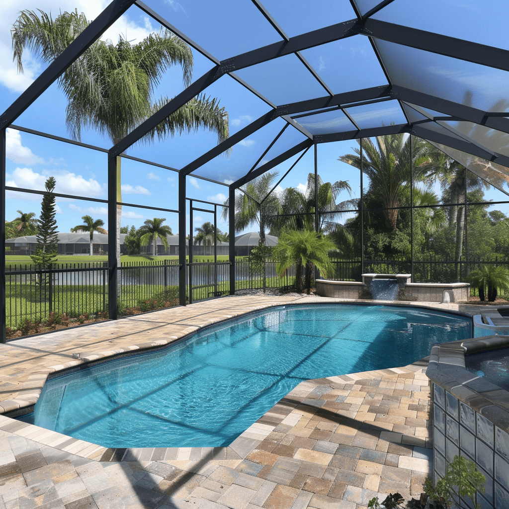 A welcoming, arachnid-free swimming area in sarasota county, fl, featuring a crystal-clear blue pool and an adjoining hot tub, all surrounded by a delicate mesh pool cage for a serene and uninterrupted swimming pleasure. Get rid of spiders in your sarasota county, fl pool with spidershield!