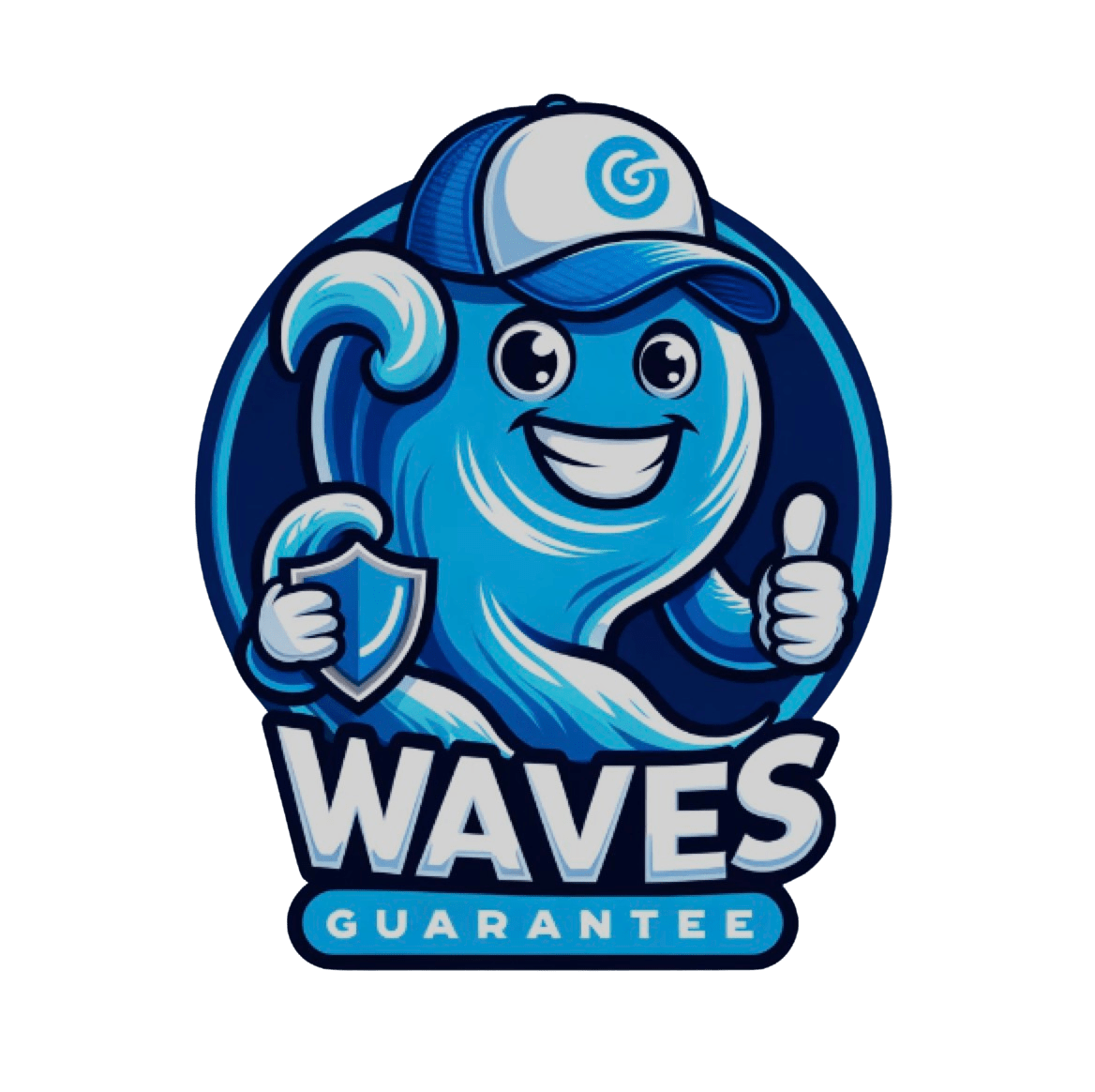 Waves pest control guarantee, featuring a smiling blue wave character with a 'g' cap, giving a thumbs up and holding a shield that reads 'waves guarantee' for trusted pest control service.