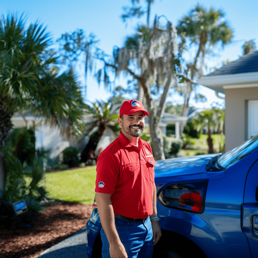 A waves pest control specialist in cleveland, florida, stands with confidence beside a company car, showcasing readiness for efficient pest control service calls.