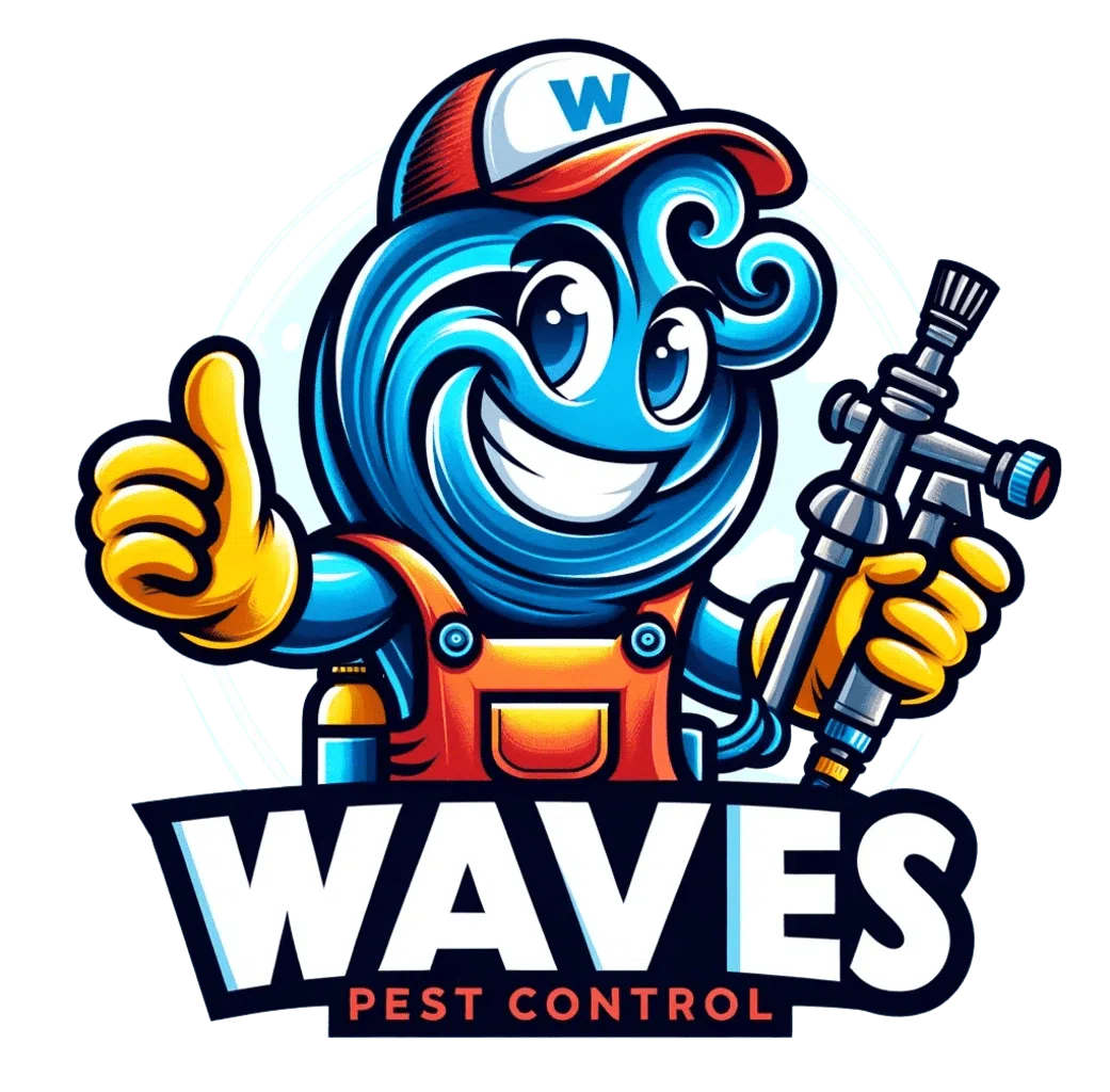 The emblem of waves pest control showcases a jovial wave figure, donned in a cap marked by a 'w', offering a thumbs-up while wielding a pest control sprayer. This character is clad in an orange jumpsuit, and the name "waves pest control" is boldly highlighted beneath.