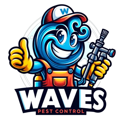 The logo for Waves Pest Control features a cheerful, anthropomorphic wave character wearing a cap with a 'W' emblem, giving a thumbs-up and holding a pest control spray gun. The mascot is dressed in an orange jumpsuit with the company name "Waves Pest Control" prominently displayed below.