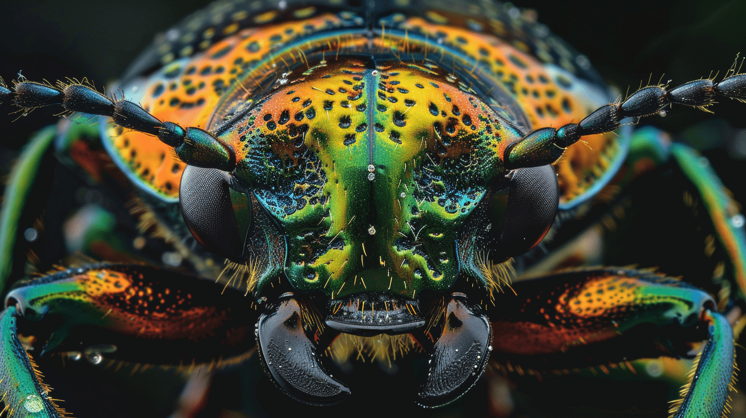 An extreme close-up of a ground florida beetle, presenting a vibrant display of orange and green patterns on its shell, with intricate details and tiny hairs visible. The beetle's large, compound eyes, and formidable mandibles are prominently featured, accentuating the complexity and beauty of its anatomy against a dark background.