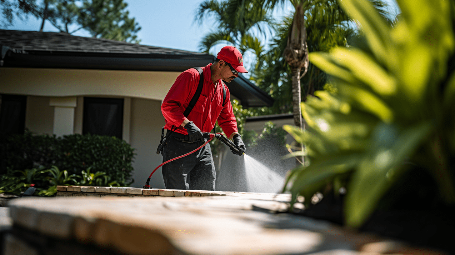 In the setting of florida's verdant landscape, a smiling waves pest control technician in a red uniform adorned with the company logo stands by a house, equipped for pest control services.