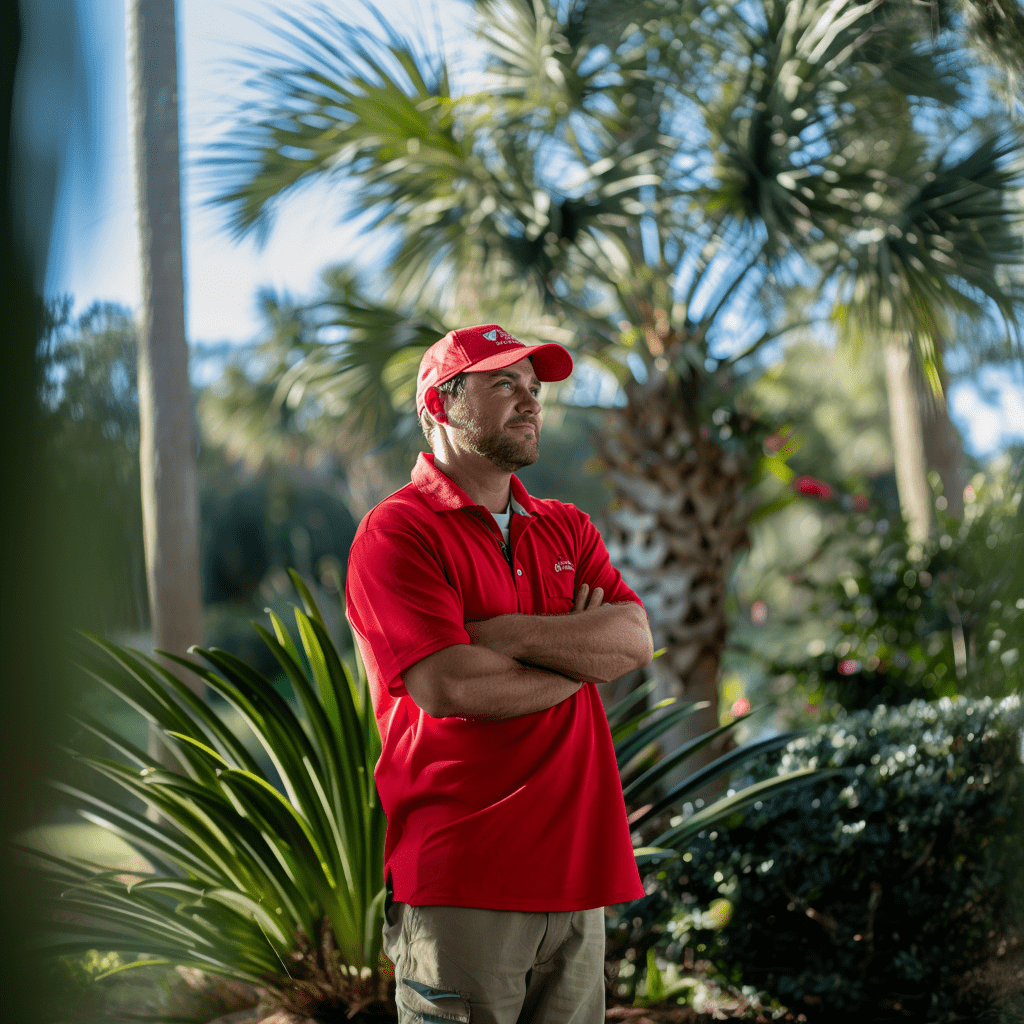 A specialist in pest removal and management, affiliated with one of the best pest control companies near you, waves pest control, is seen in a red uniform outside a floridian home, ready with the latest in pesticide control and extermination equipment.